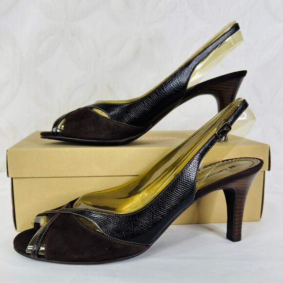 Naturalizer Entari Brown Lizard Slingback Peep Toe Pumps Size 10 - Picture 1 of 12